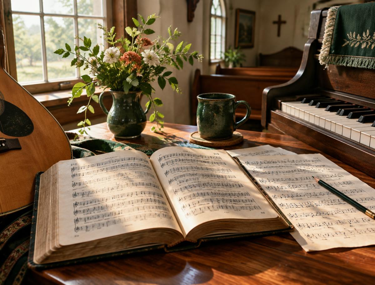 Historic hymn music beside piano and guitar in a sunlit church room