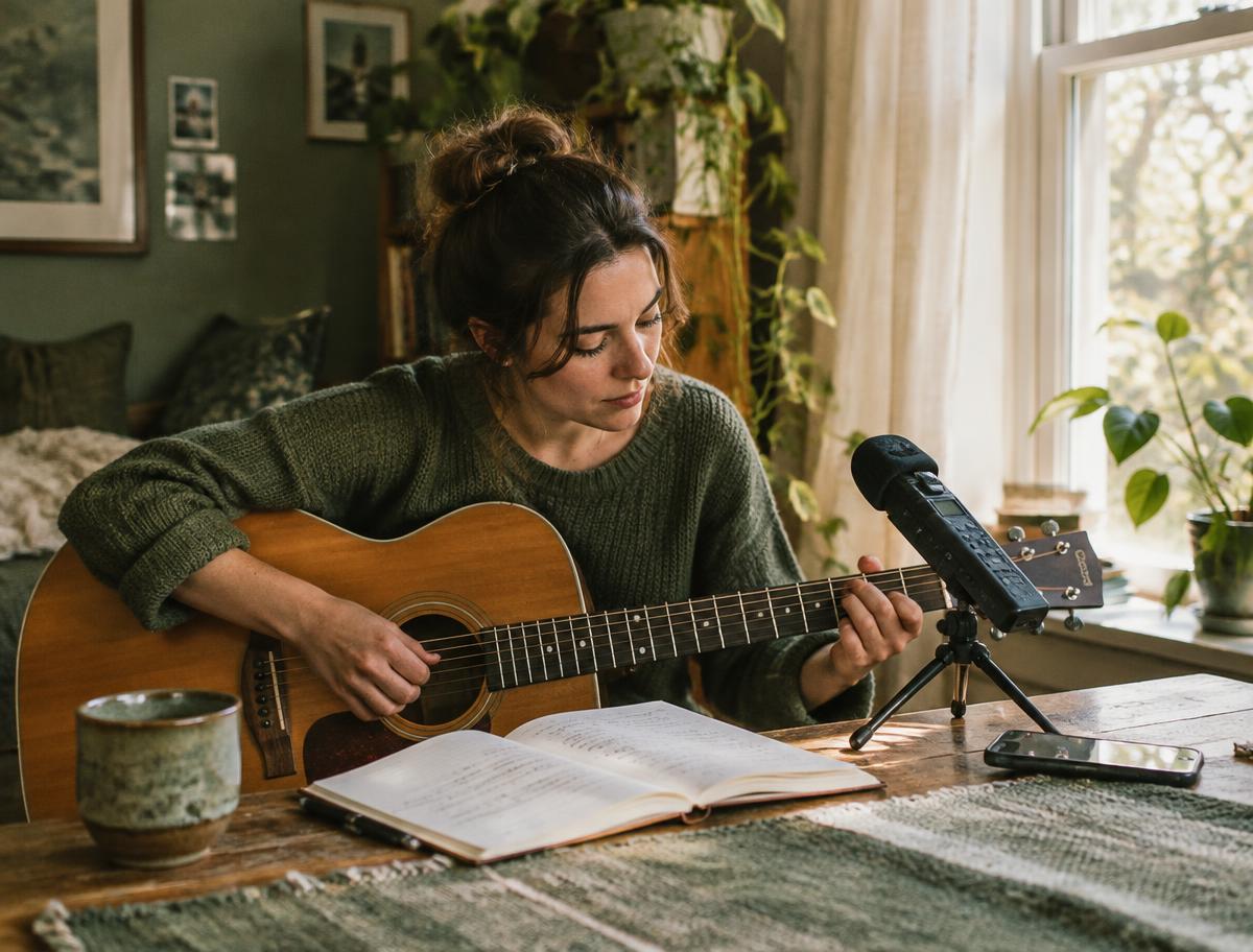 A songwriter recording guitar and voice at home beside handwritten notes